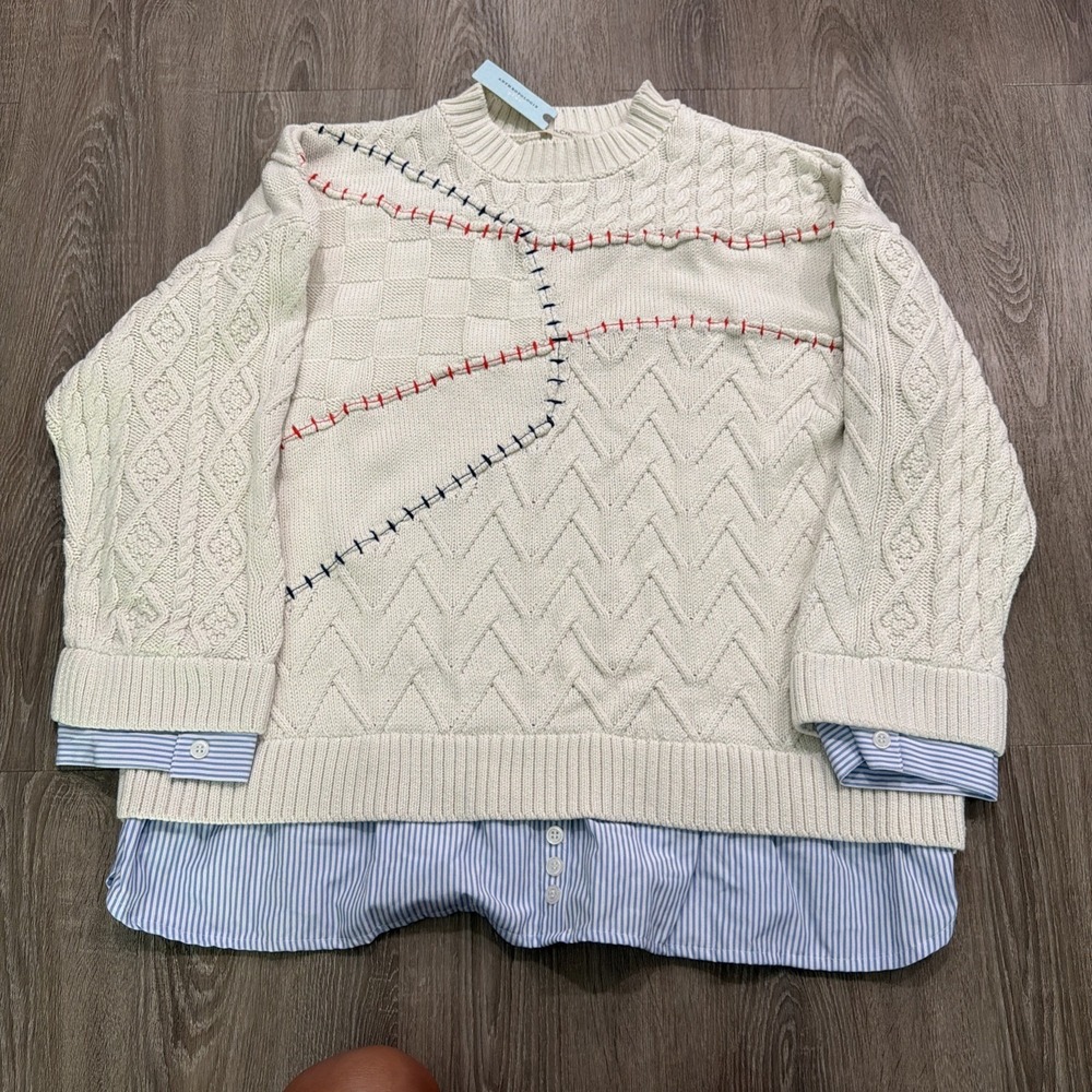 *NWT* ! ANTHROPOLOGY !  Pilcro Cable-Knit TWOFER Sweater Baseball Cream-Plus 1X